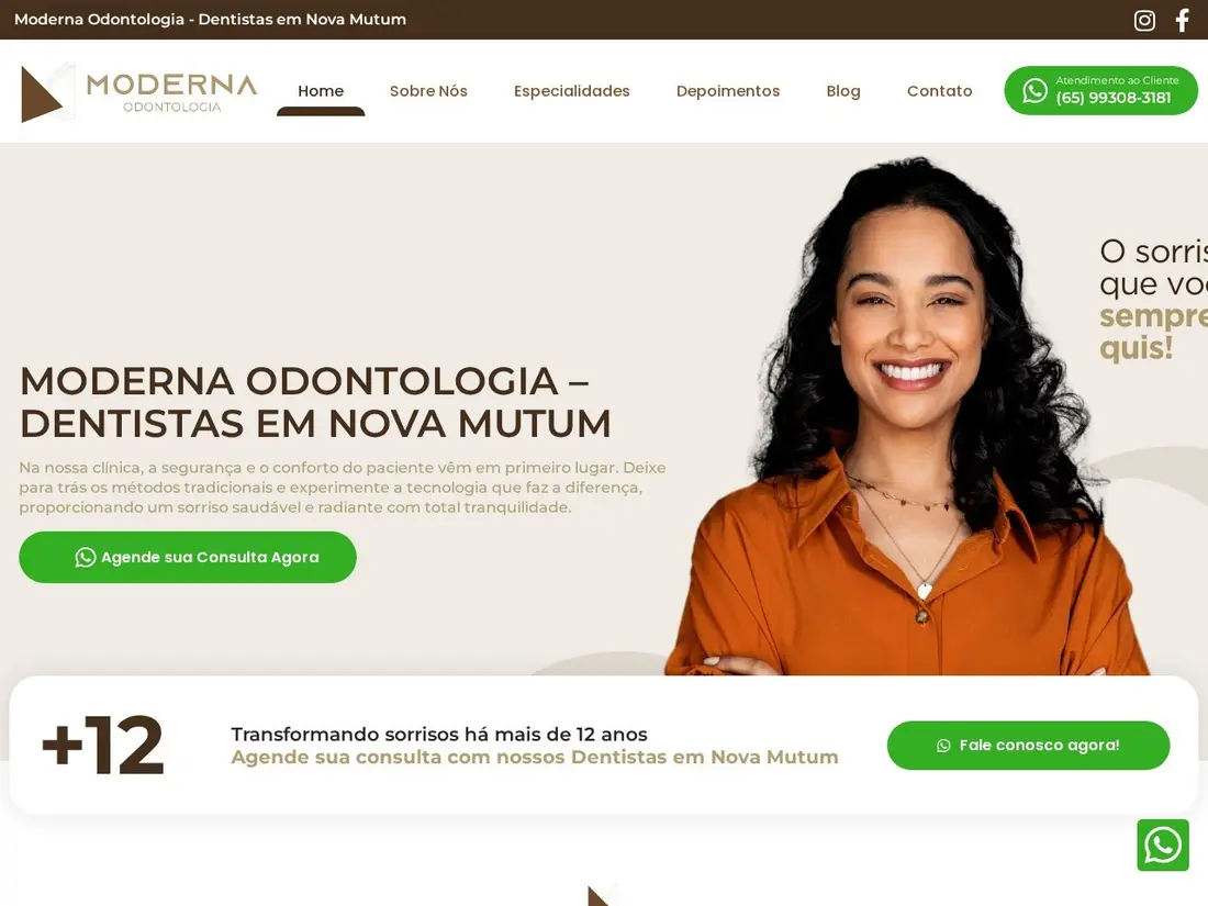 Página inicial do site da Moderna Odontologia